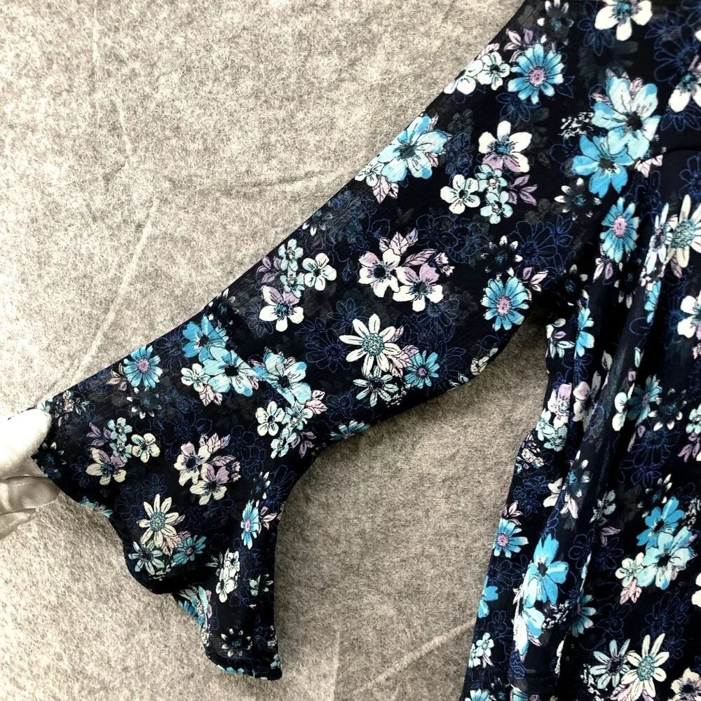 Justice Girls Size 8 Chiffon Blouse Navy Blue Floral Bell‎ Sleeve Sheer Sleeve